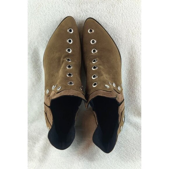 Studded Shoe Boot Two-Tone Brown Faux Leather Silver Studs Medium Block Heel - Picture 11 of 13